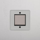 Schalter mit Aus-Position in der Mitte – mit einer Wippe – Durchsichtig + Poliertes Nickel + Schwarz – praktisches Lichtmanagement – auf weissem Hintergrund