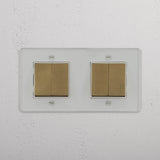4x Doppel-Wippschalter – Durchsichtig + Antikes Messing + Weiss – moderne Lichtsteuerung – auf weissem Hintergrund